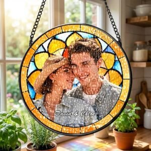 Custom Stained Glass Style Suncatcher Personalized with Your Photo & Name — lifestyle scene 1