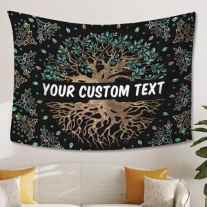 Custom Tree of Life tapestry with personalized text hanging above a sofa