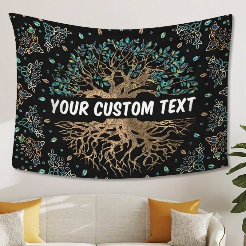tree-of-life-tapestry-living-room Custom Tree of Life tapestry with personalized text hanging above a sofa
